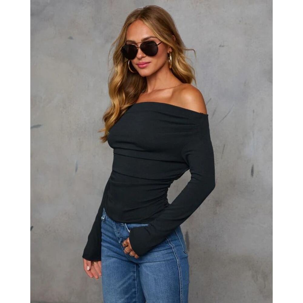 VICI Black Needed Me Off The Shoulder Ruched Sweater Top Medium